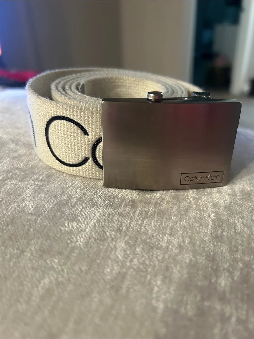 Calvin Klein Cream Canvas Belt with Silver Buckle